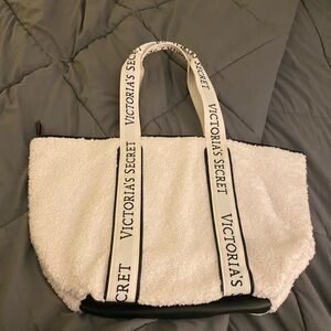 Victoria's Secret White Sherpa Tote with Logo Straps